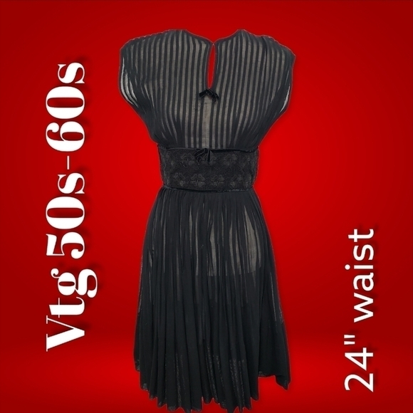 VINTAGE Mid Century Sheer Black Pleated Dress 24" Waist S Semi Open Back R&K VG - Picture 1 of 15